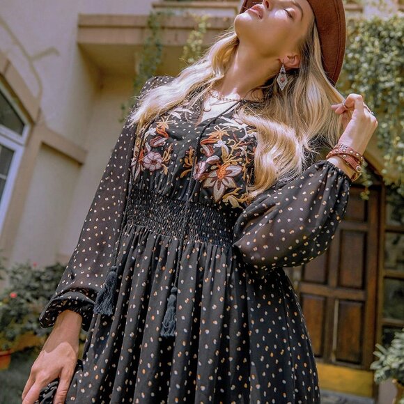 Black Boho Womens Chiffon Polka Dot V-Neck Tie Elegant Dress - Picture 5 of 8